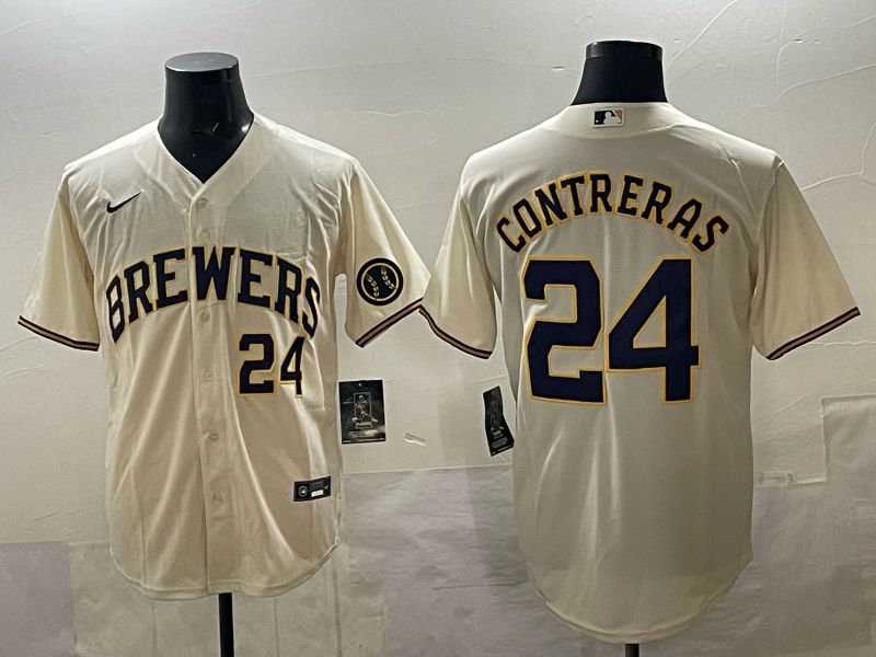 Men Nike Milwaukee Brewers #24 Contreras Cream MLB 2025 jersey 01->milwaukee brewers->MLB Jersey